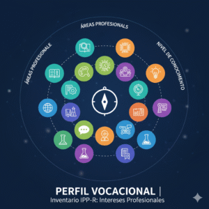 Infografía del Inventario IPP-R de Intereses y Preferencias Profesionales, mostrando áreas vocacionales y habilidades para orientación laboral
