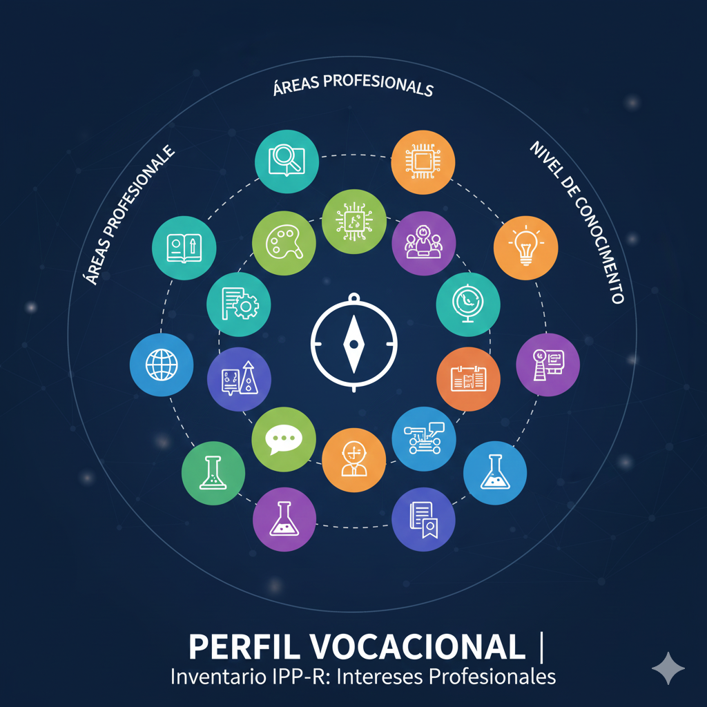 Infografía del Inventario IPP-R de Intereses y Preferencias Profesionales, mostrando áreas vocacionales y habilidades para orientación laboral