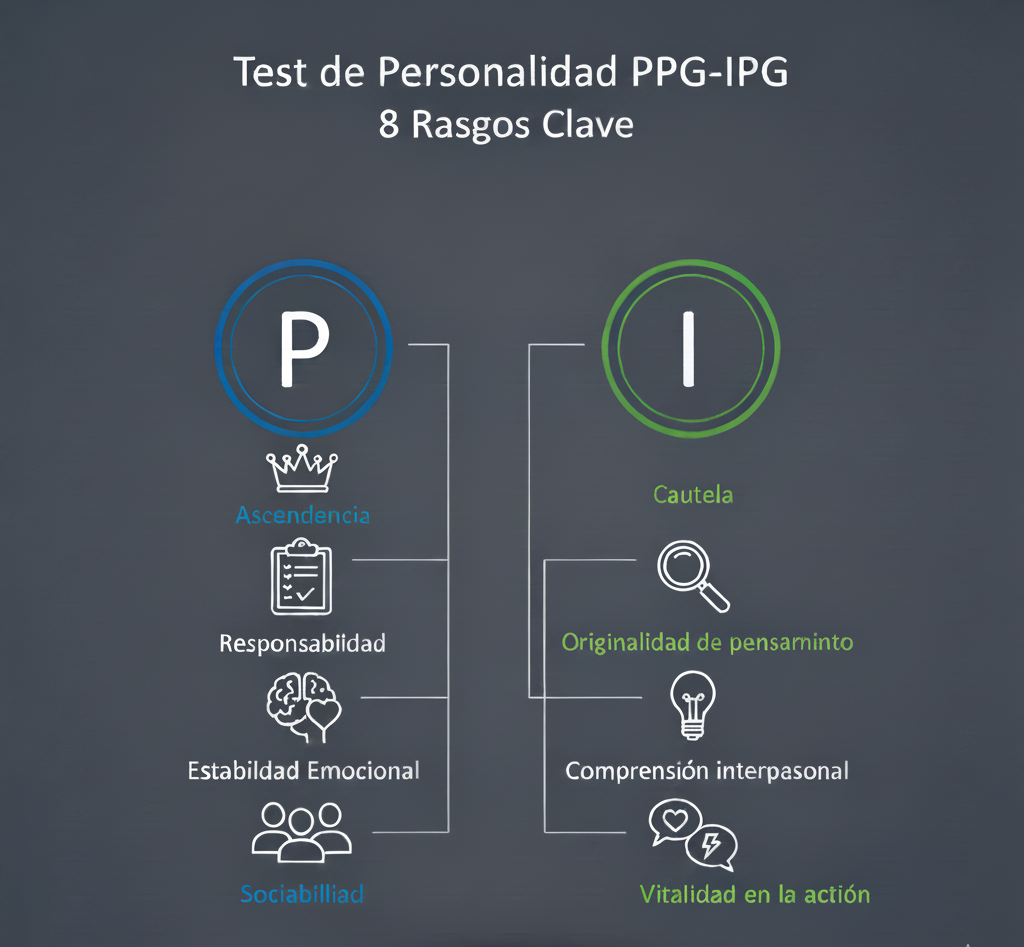 Infografía del Test PPG-IPG que ilustra sus 8 dimensiones, divididas en 4 rasgos PPG (Ascendencia, Responsabilidad, Estabilidad Emocional, Sociabilidad) y 4 rasgos IPG (Cautela, Originalidad, Comprensión, Vitalidad).