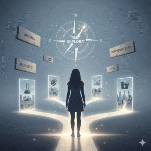 Infografía del Test EXPLORA de Exploración Vocacional, evaluando rasgos de personalidad y estilos de comportamiento para orientación profesional