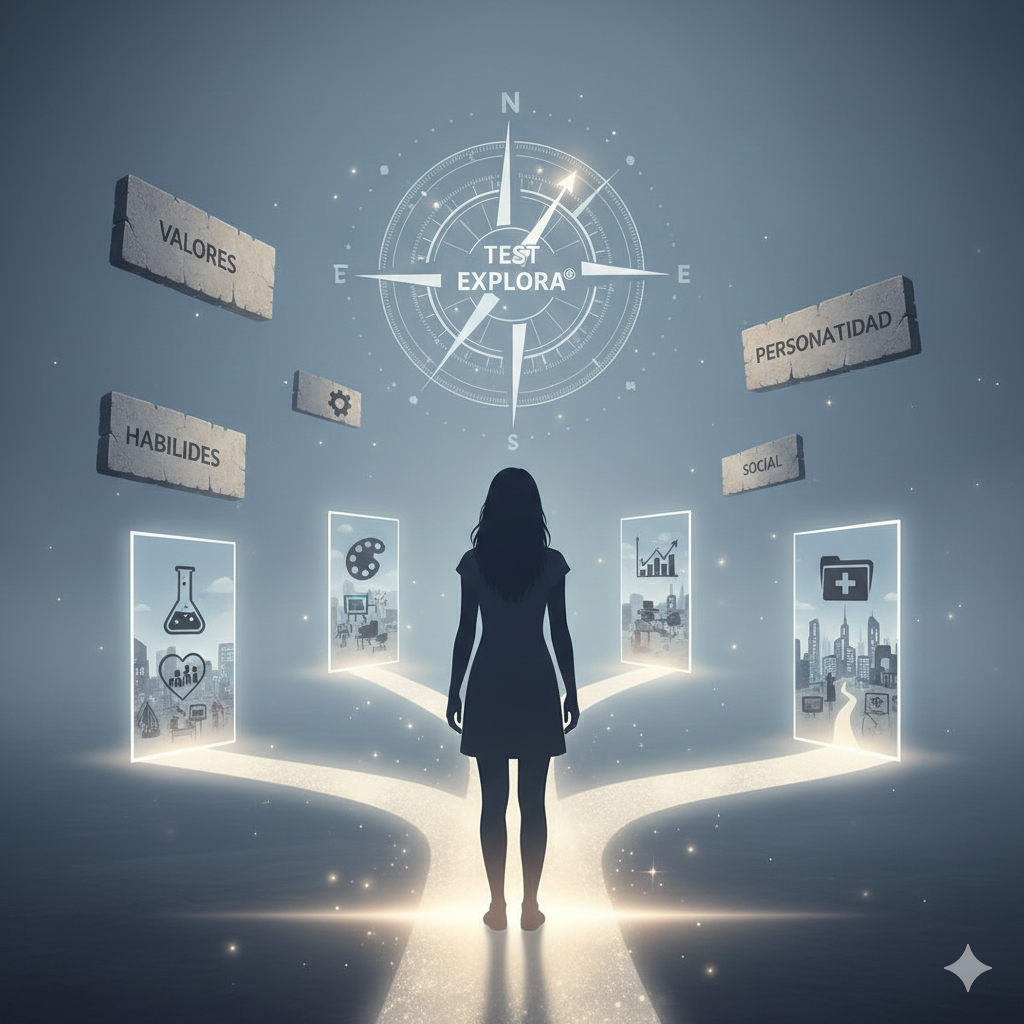 Infografía del Test EXPLORA de Exploración Vocacional, evaluando rasgos de personalidad y estilos de comportamiento para orientación profesional