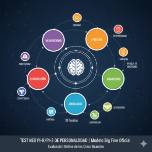 Infografía del Test NEO PI-R/PI-3 que muestra el modelo de los Cinco Grandes (Big Five): Neuroticismo, Extraversión, Apertura, Amabilidad y Responsabilidad, con 30 facetas.
