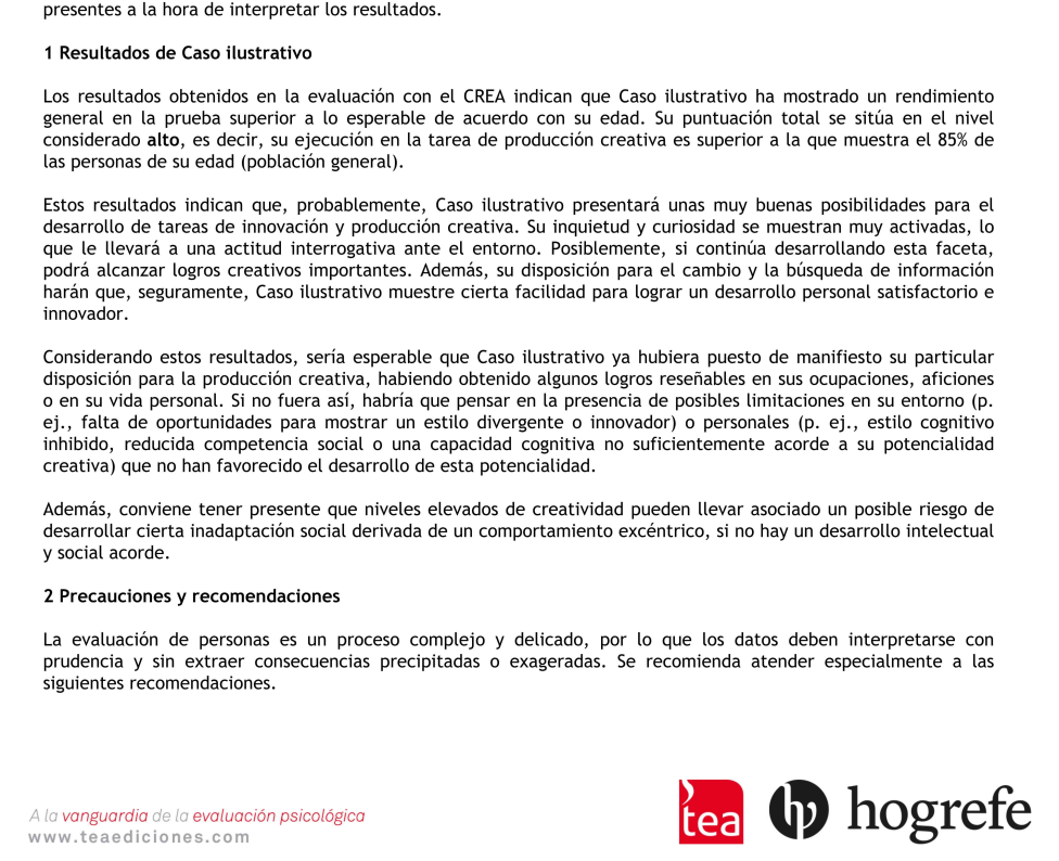 Ejemplo de informe psicológico detallado CREA con interpretación de resultados y firma de psicóloga colegiada
