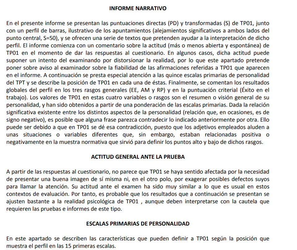 Ejemplo de informe psicológico detallado TPE con interpretación de resultados y firma de psicóloga colegiada