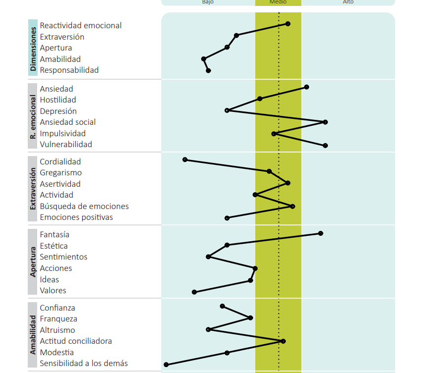 Ejemplo de perfil gráfico de resultados del test psicológico oficial NEO PI-R de Hogrefe TEA