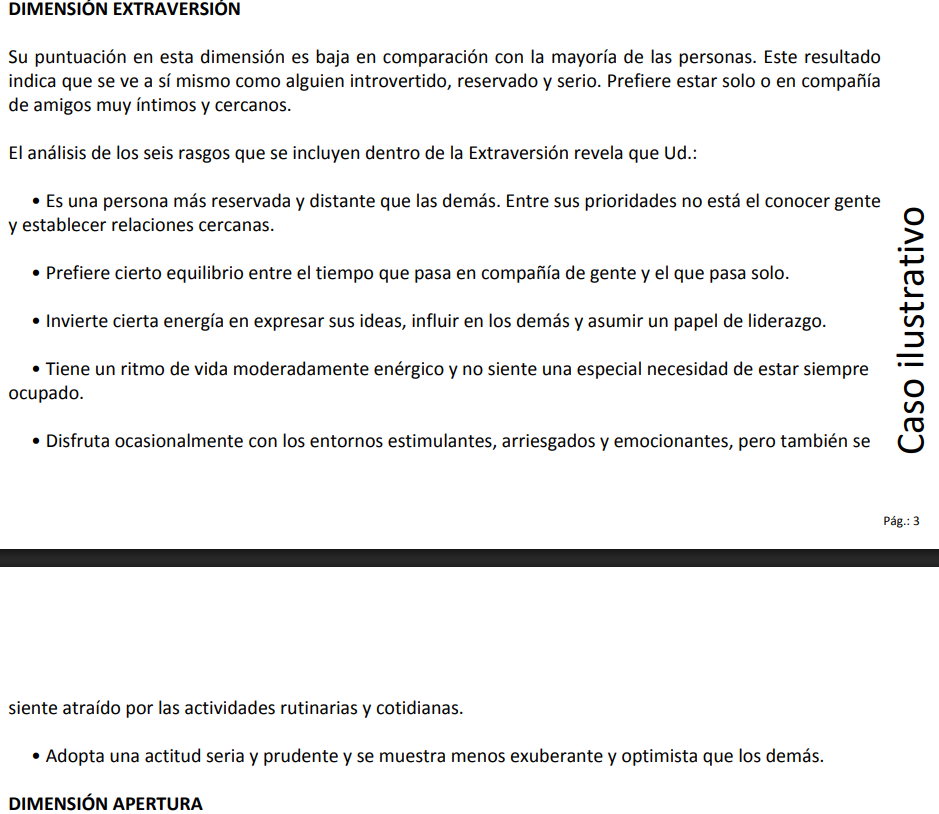 Ejemplo de informe psicológico detallado NEO-PI.3 con interpretación de resultados y firma de psicóloga colegiada
