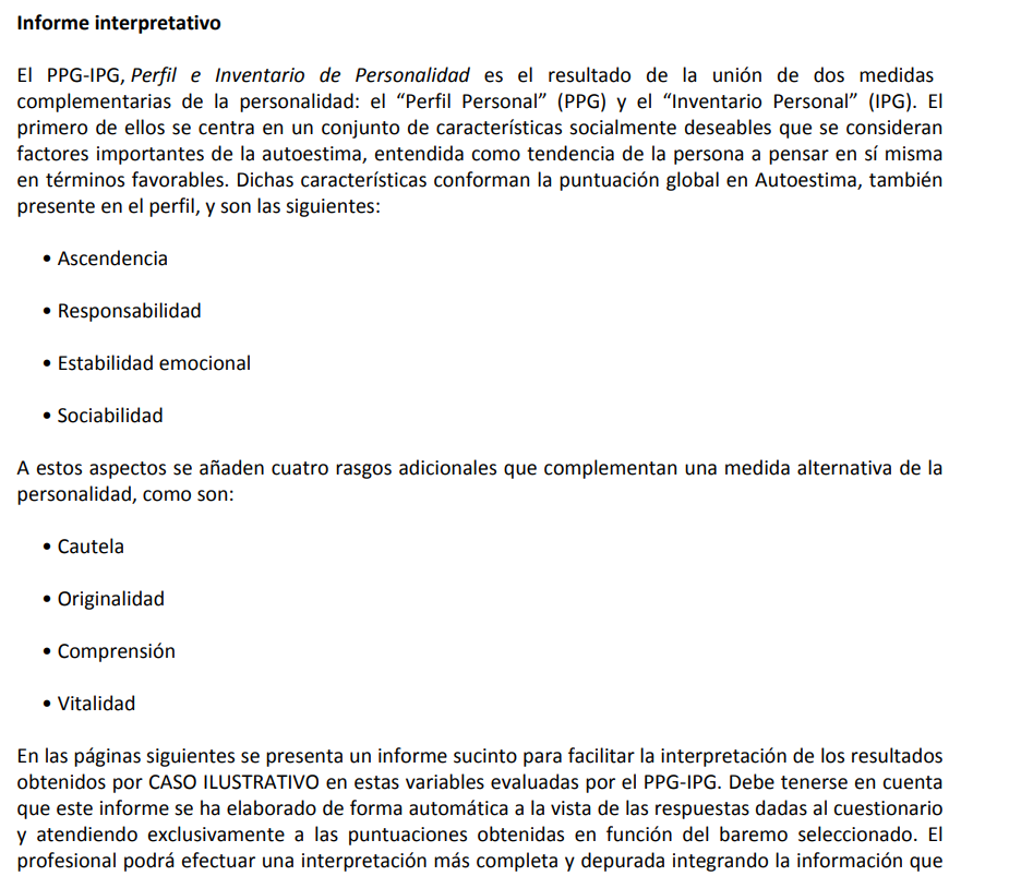 Ejemplo de informe psicológico detallado PPG-IPG con interpretación de resultados y firma de psicóloga colegiada