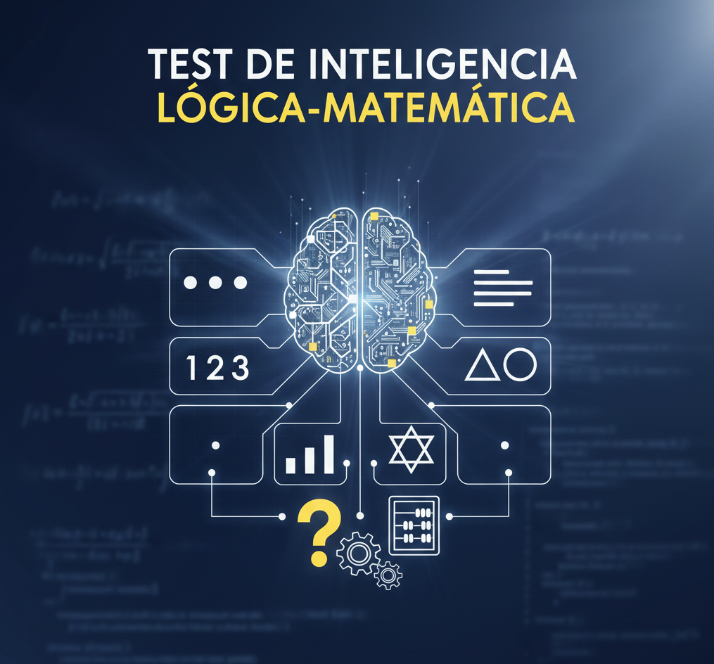Portada del Test de Inteligencia Lógica-Matemática de conociendotest.com con símbolos de razonamiento y cerebro digital.